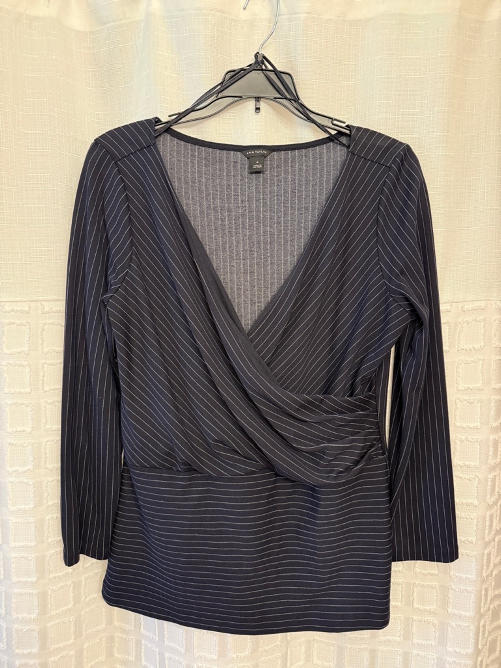 Ann Taylor 3/4 Sleeve Pullover Navy Pinstripe Wrap Top
